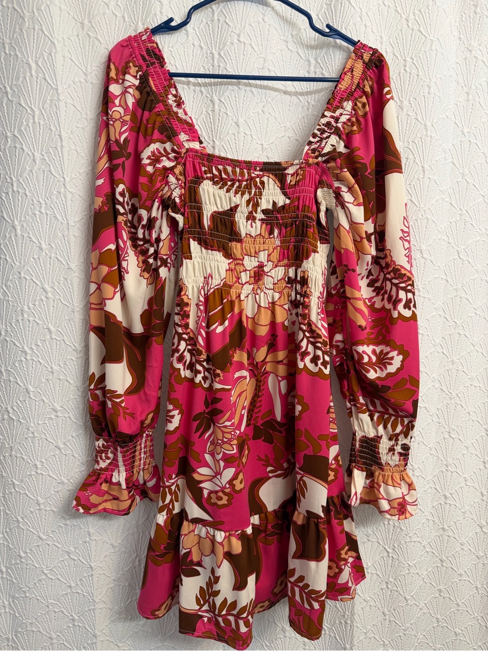 Boho Floral Smocked Long-Sleeve Mini Dress in Fuchsia